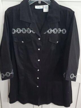 C.Z. Black Button-Front Western Shirt with Crystal Chain Embellishment